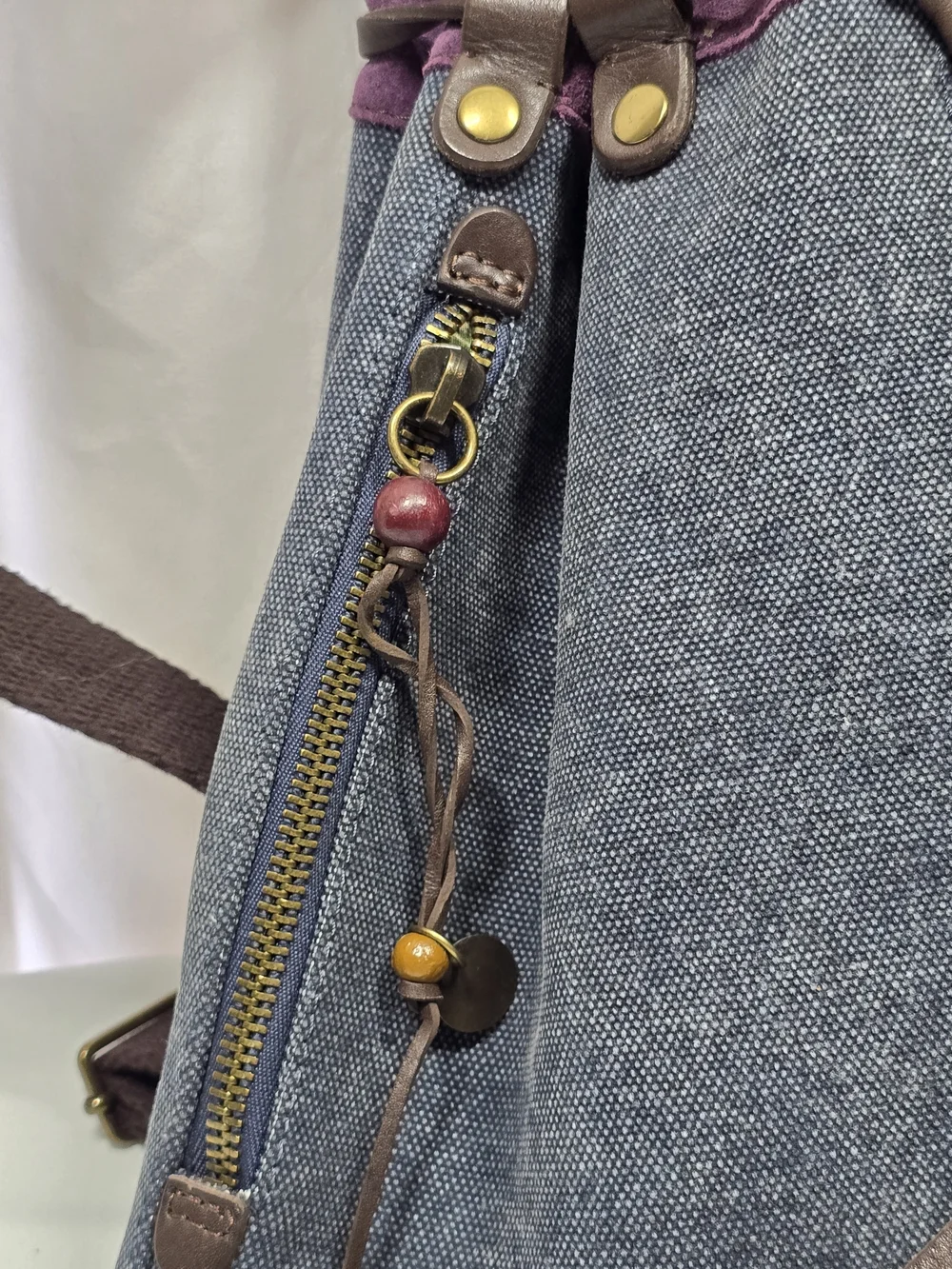 Lucky Brand Canvas & Suede Drawstring Backpack Purple Denim Boho Rucksack Bag